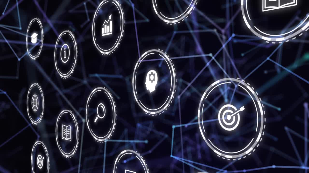 Animation of falling education icons over network of connections on dark background