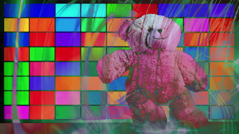 teddy bear dancing in a neon pixelated background