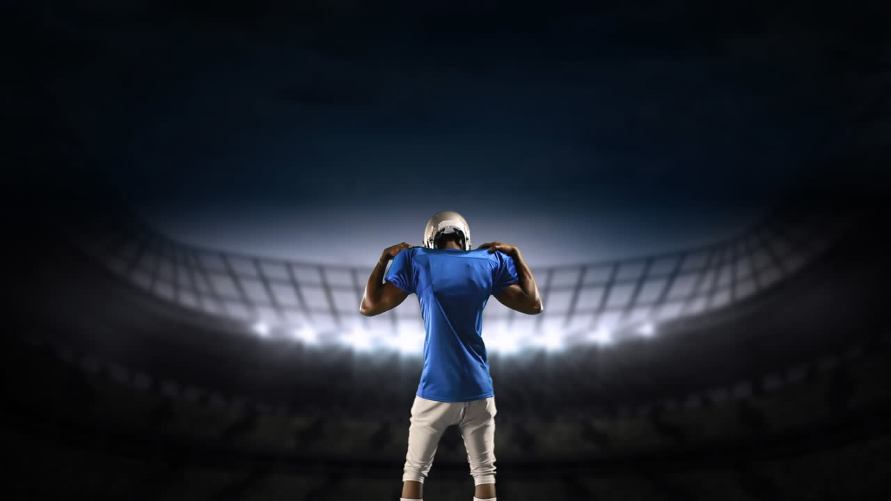 Atleta de futebol americano preparando-se para entrar no estádio 4k