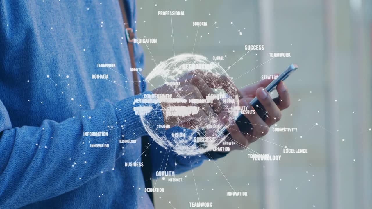 스마트폰을 사용하는 두 인종 남성의 중간 부분에 대한 글로벌 네트워크 처리 데이터의 애니메이션