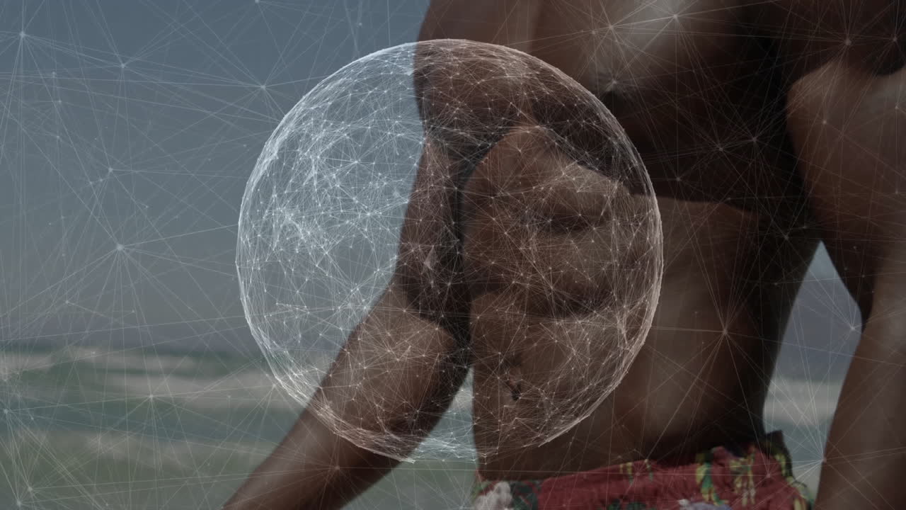 Network of connections and data processing animation over person at beach