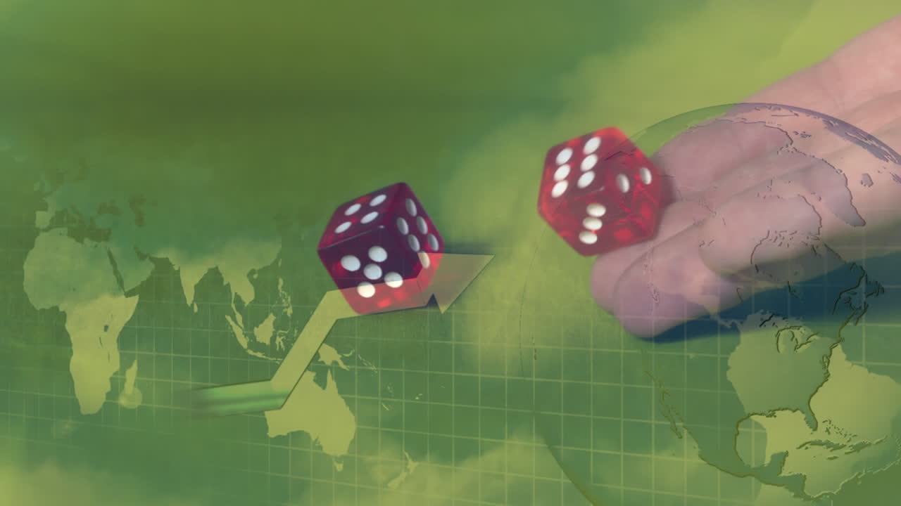 여러 개의  ⁇ 색 화살표가 위로 올라가고 두 개의 빨간색 주사위가 지구를 회전시키는 애니메이션