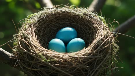 a tranquil perspective on a nest containing three vibrant blue eggs, highlighting the beauty of nature and the intricacies of bird life in their natural habitat
