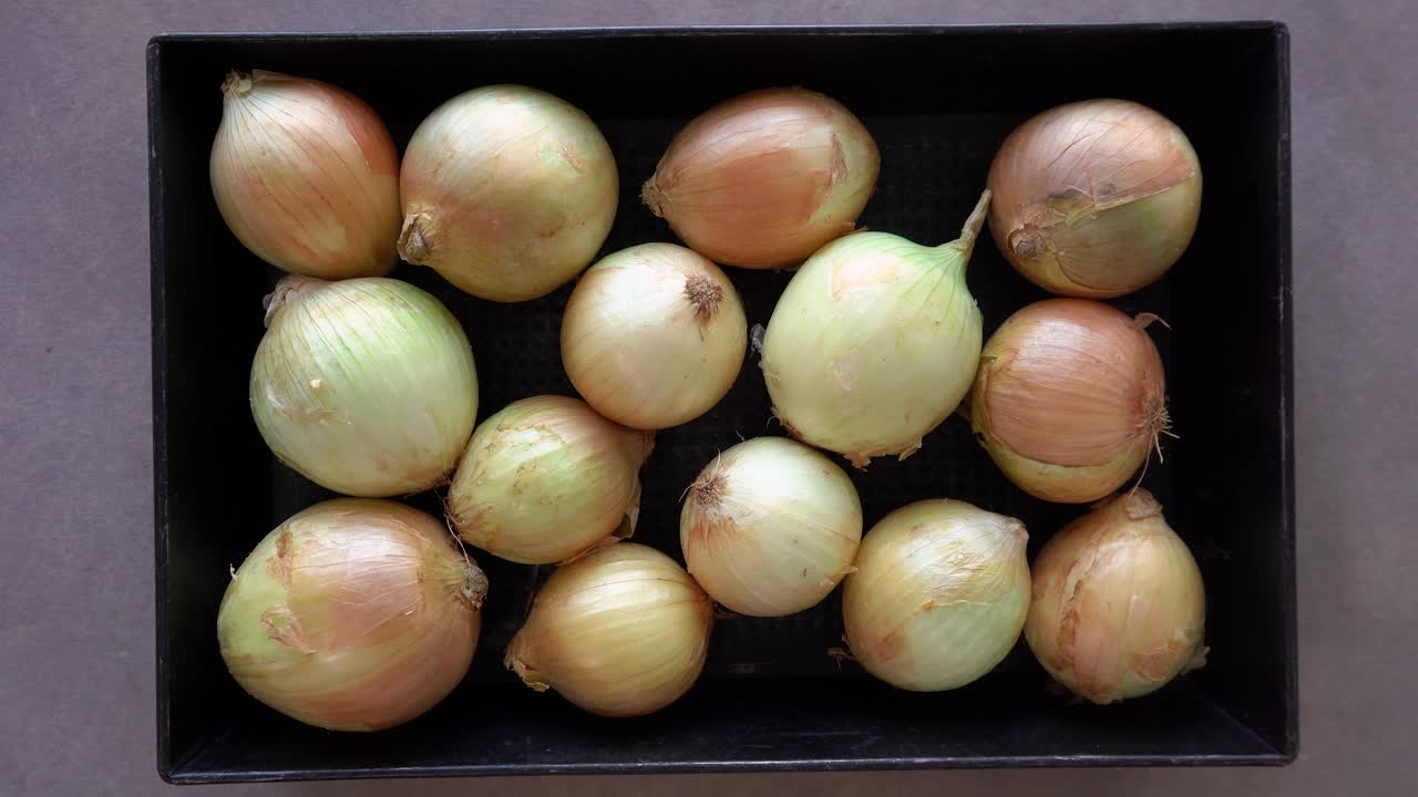 Overhead Shot Of Uncooked And Unpeeled Whole White Onions In A Container