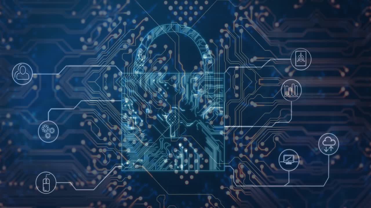 Animation of integrated circuit and digital padlock over navy background