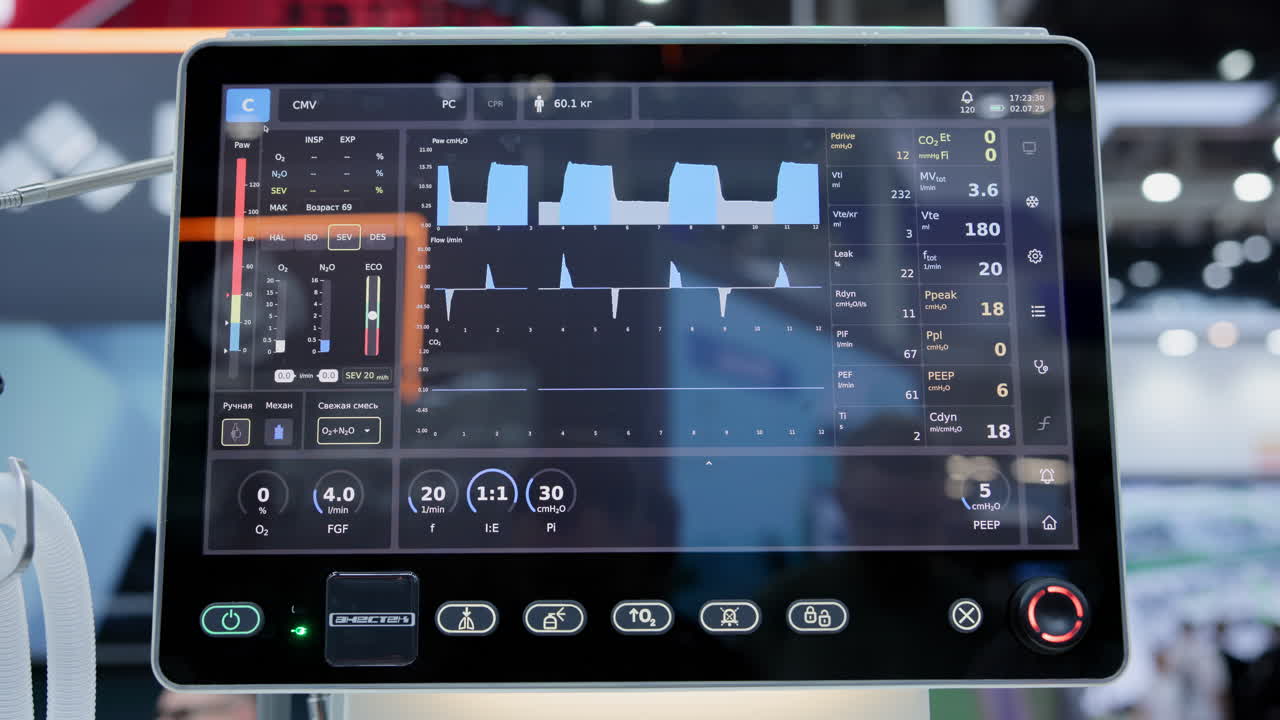 Medical Ventilator Screen Displaying Patient Data and Respiration Graphs