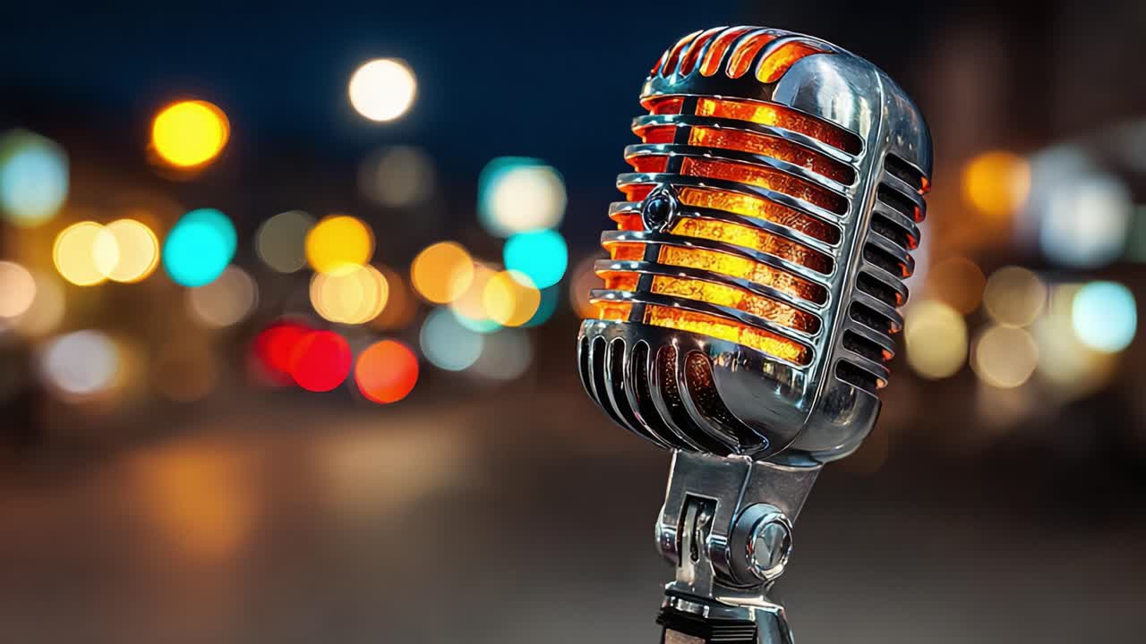 A Vintage Microphone Captured Against a Blurred City Background at Night, Emphasizing Its Retro Design and Lively Atmosphere with Glowing Lights