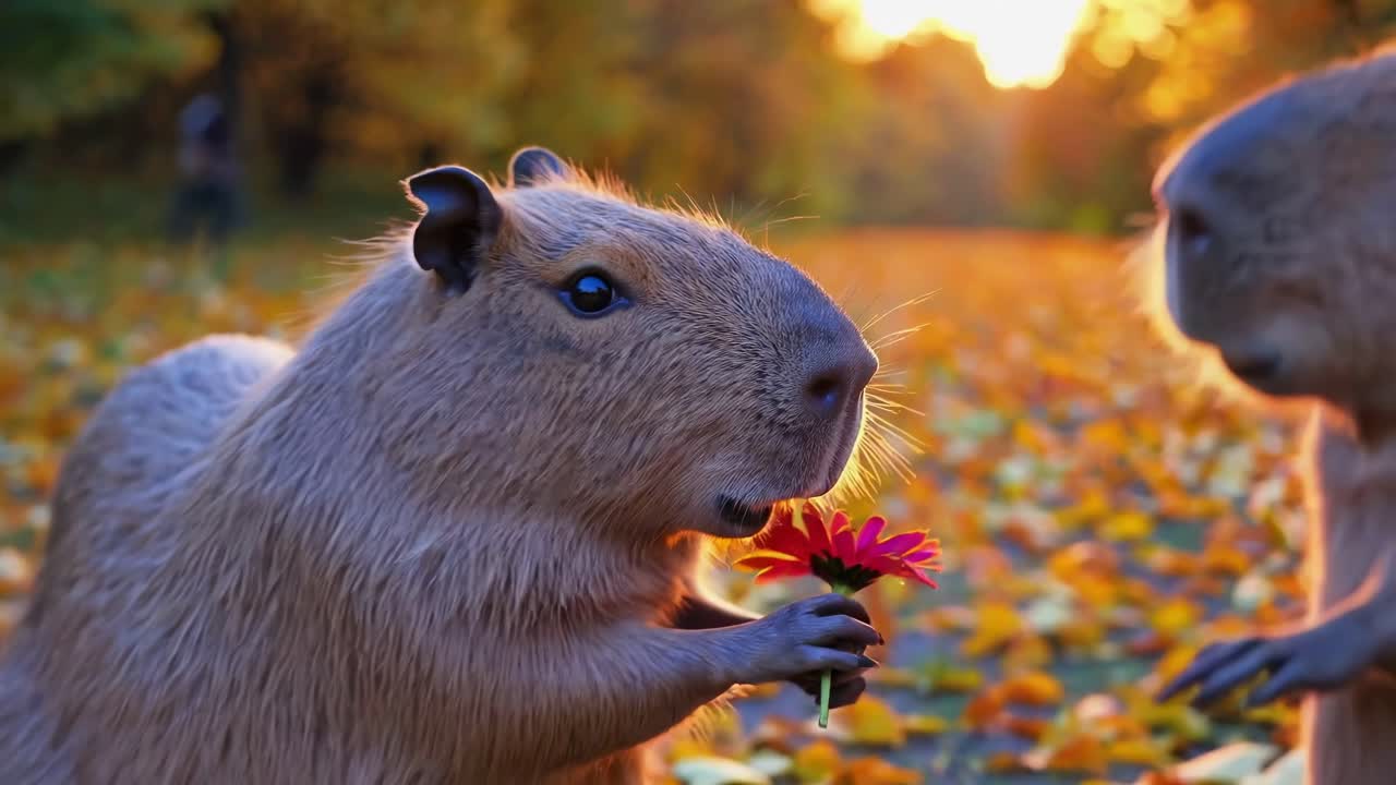 Capybaras sharing intimate connection, gently sniffing delicate pink flower amid golden sunset, surrounded by warm autumn leaves in serene natural setting