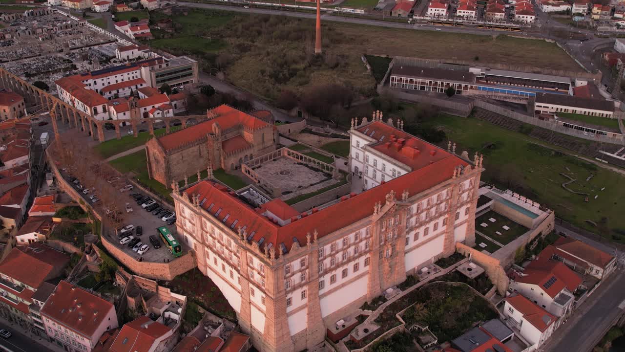 Aerial Santa Clara Monastery and aqueduct in Vila do Conde Portugal at sunset