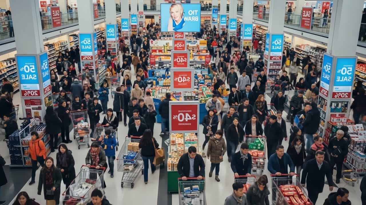 Crowded Supermarket Aisles Filled with Shoppers Enjoying a Sale While Pushing Trolleys Loaded with Groceries During a Busy Shopping Day