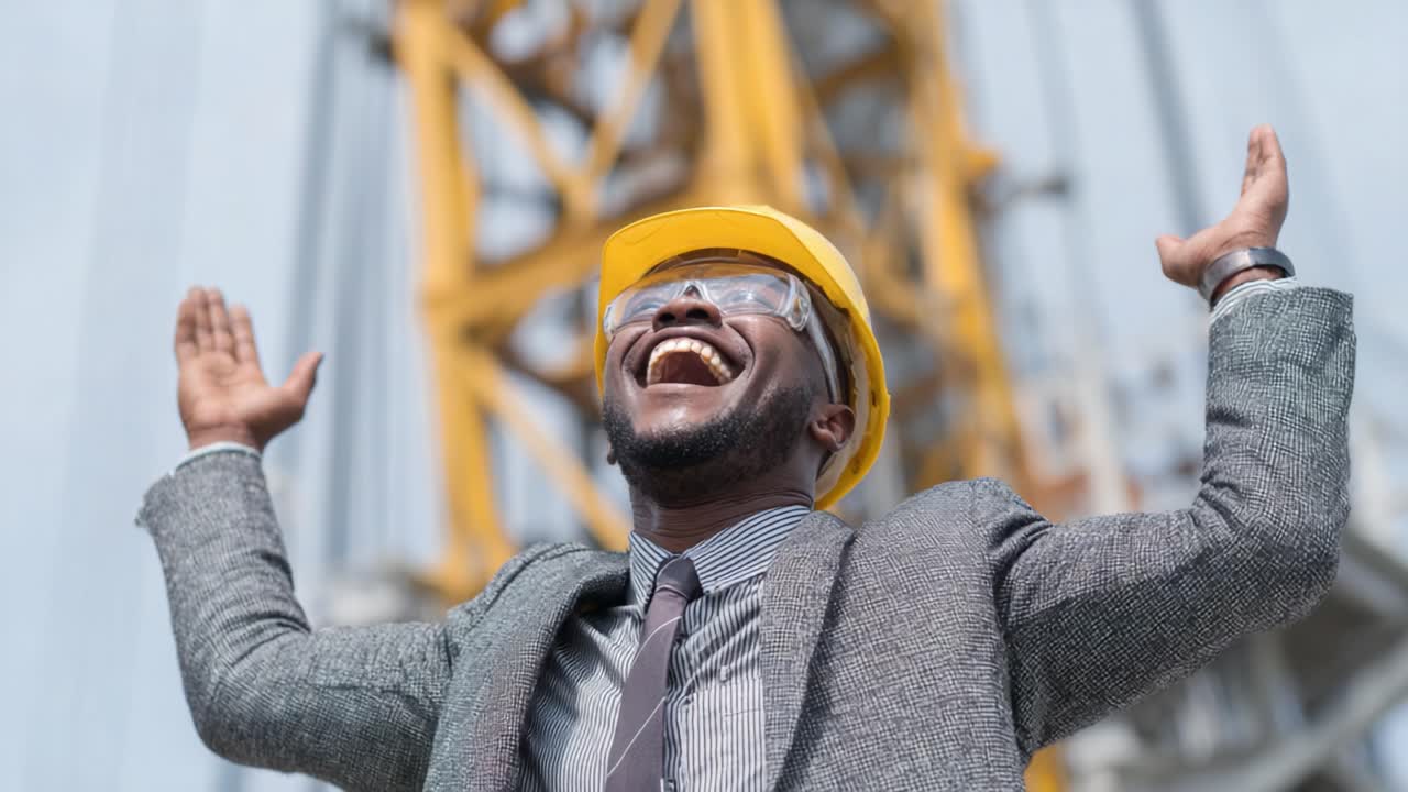 Festeggiare il successo: un professionista con dispositivi di sicurezza alza trionfante le mani in segno di gioia in un cantiere edile, immortalando un momento di successo e positività