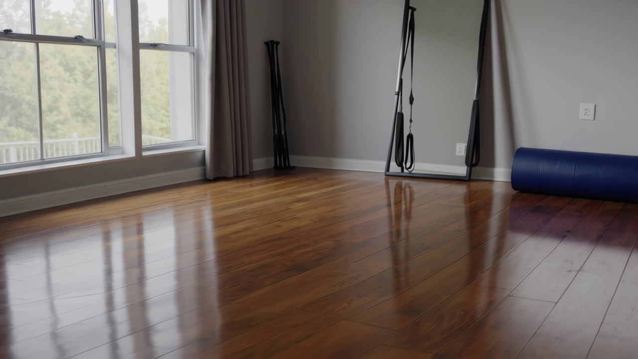 Empty home exercise room with yoga mat and equipment