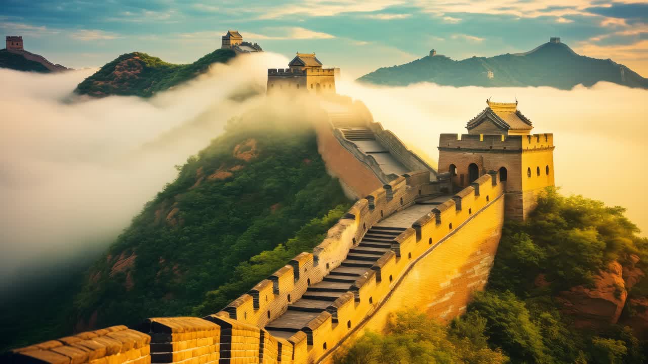 Luftaufnahme der Chinesischen Mauer im Nebel, die eine ruhige und majestätische Landschaft einfängt