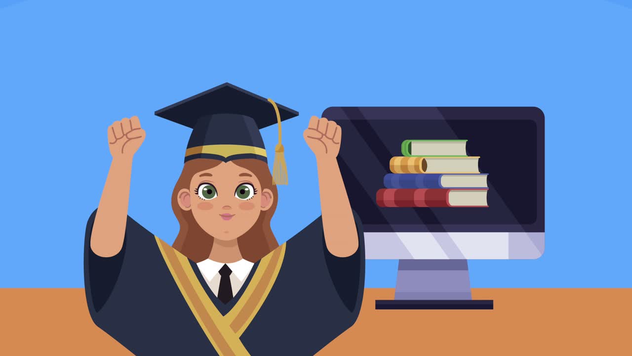 chica graduada con la graduación en línea de escritorio