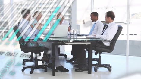 statistical data processing over diverse businesspeople discussing in meeting room at office
