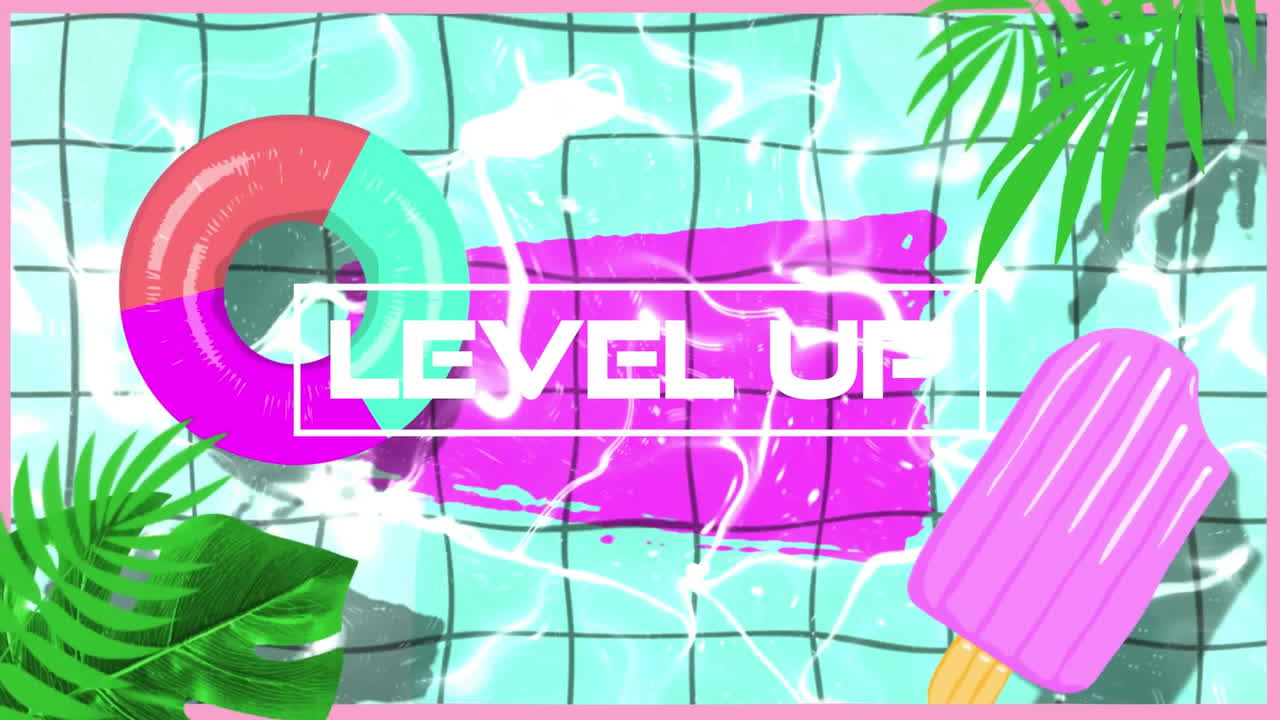 여름 수영장 배경 위의 레벨 업 텍스트의 애니메이션