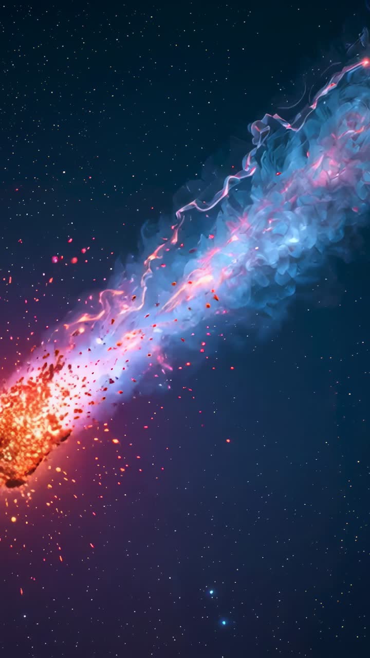 Vertical video: Entering frame lower-left comet, red head trailing blue plasma across stars, fading