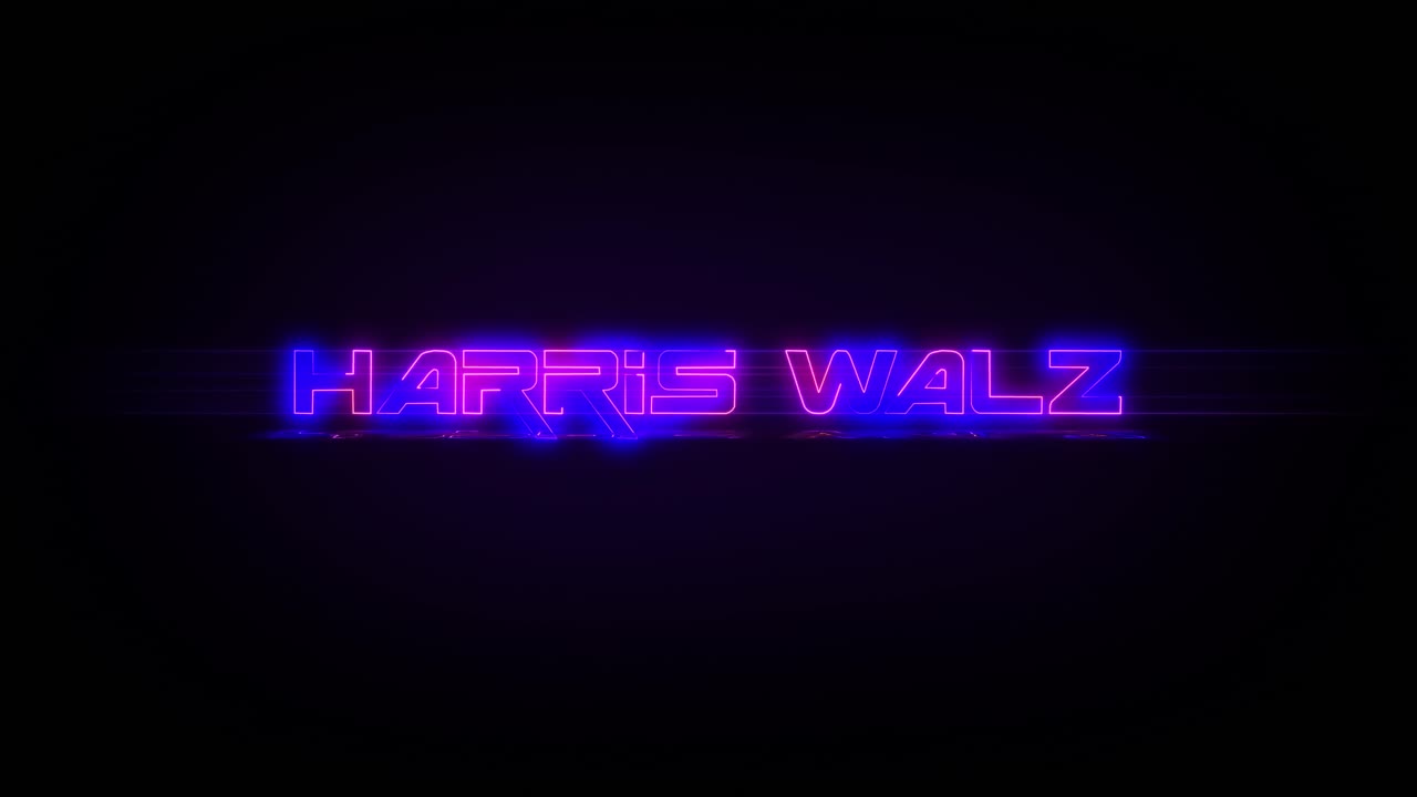 Flashing HARRIS WALZ electric blue and pink neon sign flashing on and off with flicker, reflection, and anamorphic lights in 4k