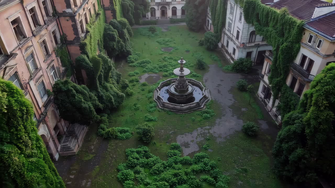 이비 와 울창 한 식물 들 이 어져 있는 버려진 마당