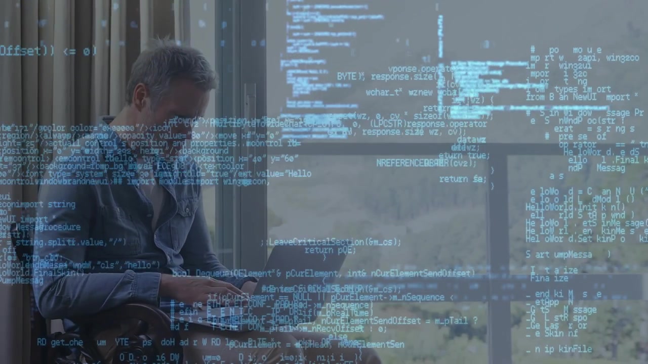 Animation of data processing over caucasian senior man using laptop at home