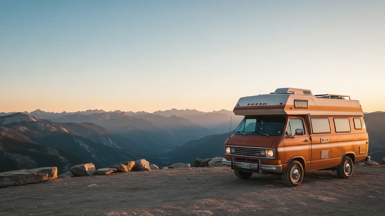 Captivating Sunset Views from a Vintage Camper Van on a High Mountain Overlook, Emphasizing Adventure, Freedom, and Natural Beauty in a Serene Landscape