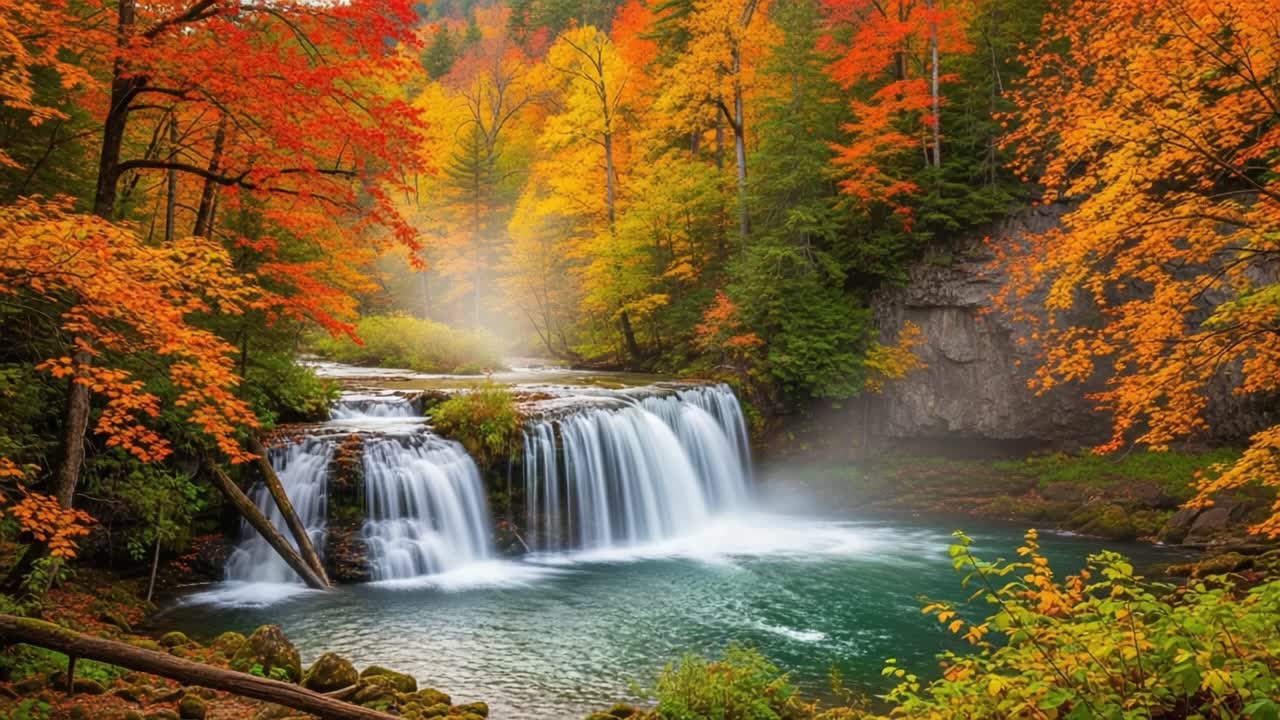 Breathtaking Autumn Waterfall Scene Surrounded by Vibrant Fall Foliage ...