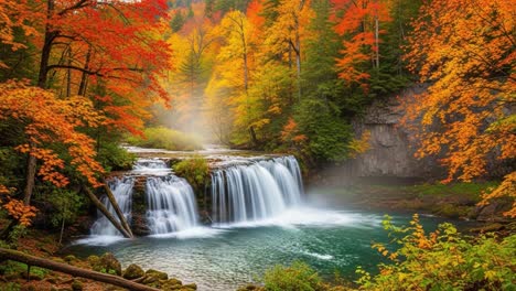 breathtaking autumn waterfall scene surrounded by vibrant fall foliage in a serene forest setting with cascading water and mist emitting from the tranquil stream