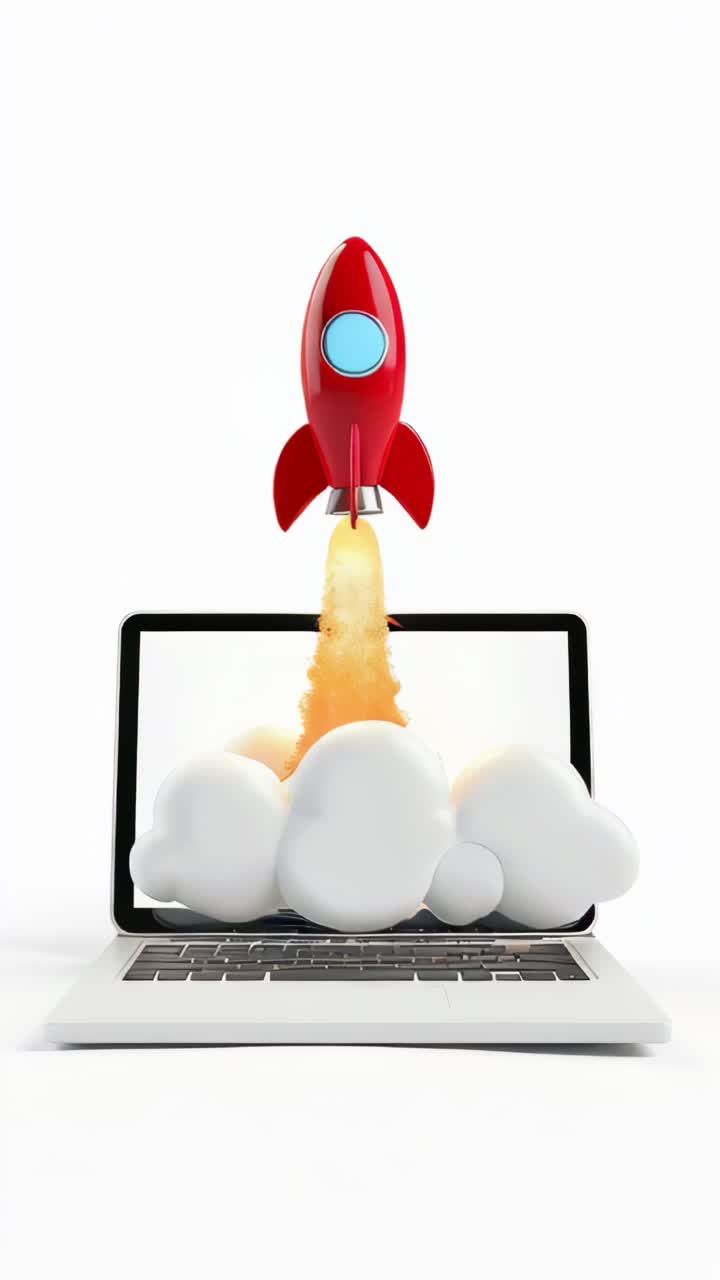 A red rocket is launching into the sky, with a laptop screen showing the launch