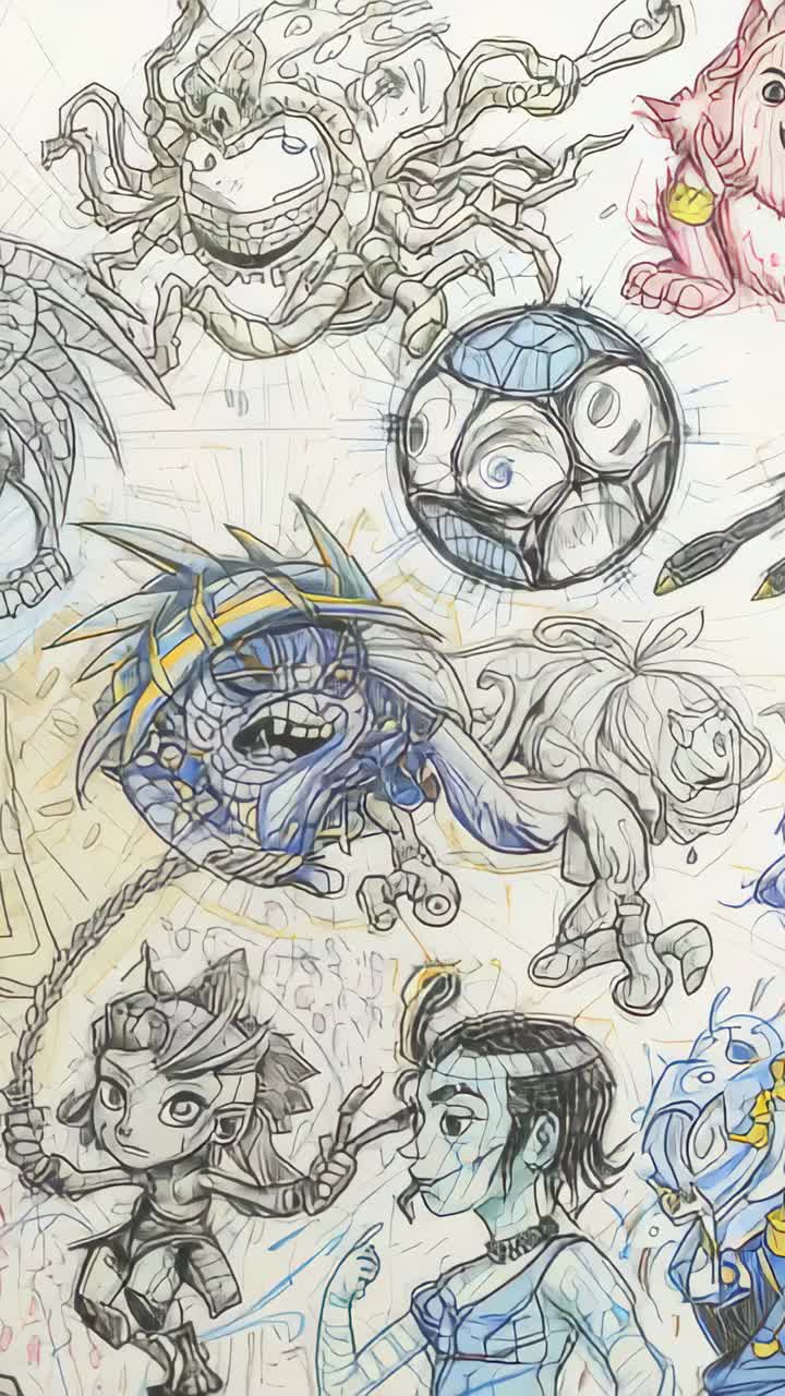 Vertical video: Recording starting, camera panning sketchbook page to reveal orb, helmeted monster