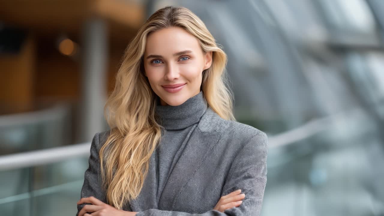 Sikker, professionel kvinde i moderne omgivelser med blød belysning, fanget i to forskellige rammer med et varmt smil og elegant stil