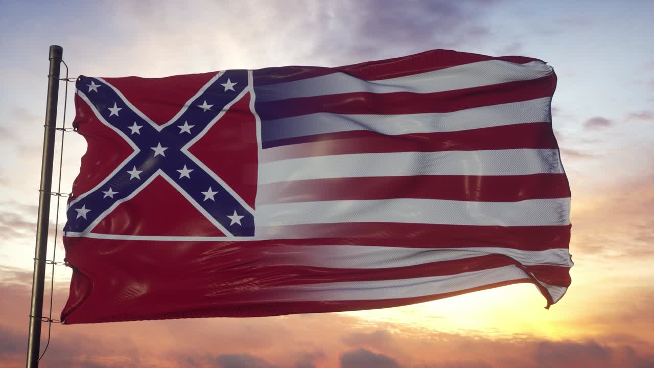 미시시피와 미국 발은 발 기둥 위에 있습니다. 미국과 미시시시피의 혼합 발이 바람에 흔들리고 있습니다.