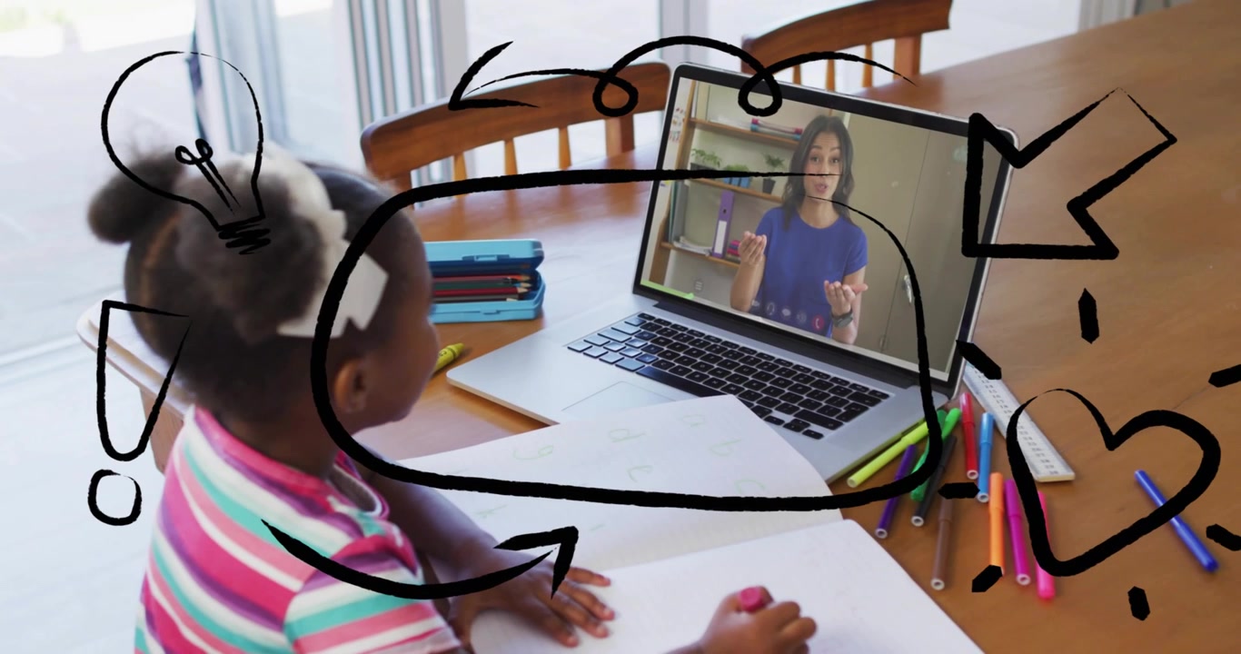 Niño iniciando una videollamada en el portátil y copiando formas del profesor con garabatos animados que ayudan a la concentración educativa