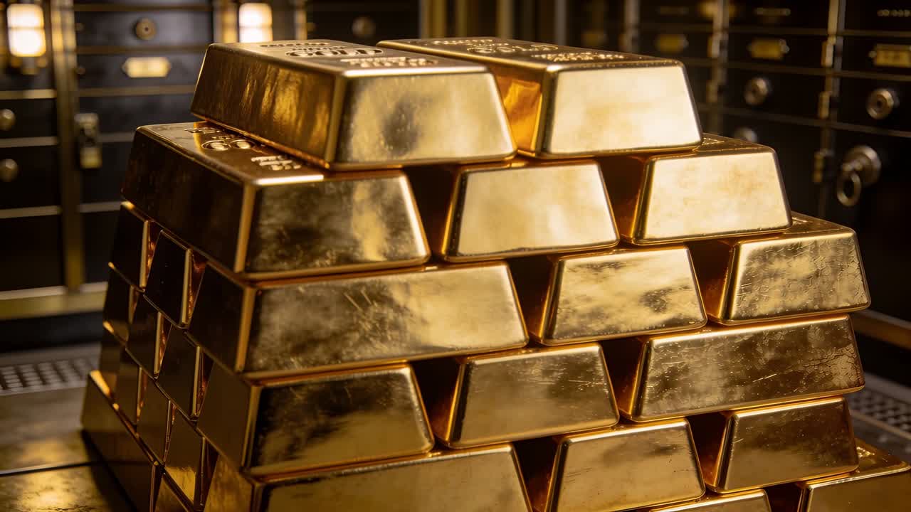 Mano adulta che entra e aggiusta una barra d'oro su una pila a piramide all'interno di una grata di caveau, con riflessi di lampade.
