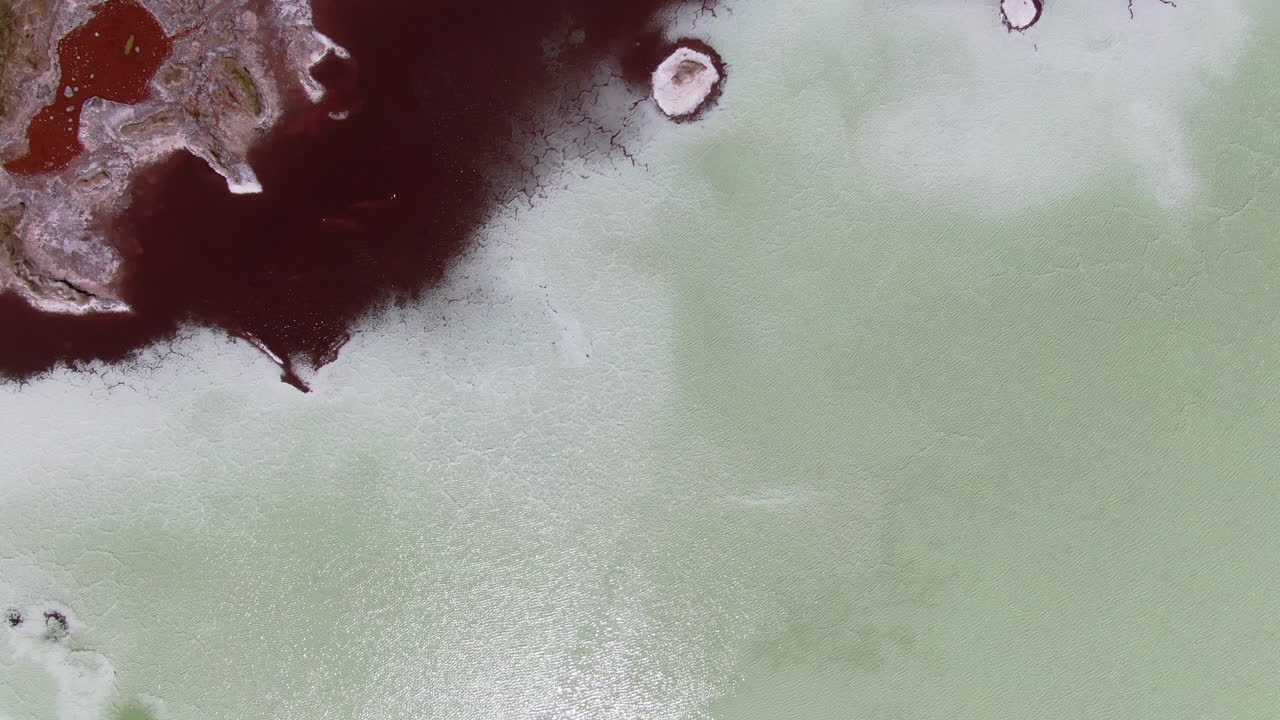Aerial Birds Eye Over Lake Towards Blood Lagoon Coastline In The Atacama Desert Landscape