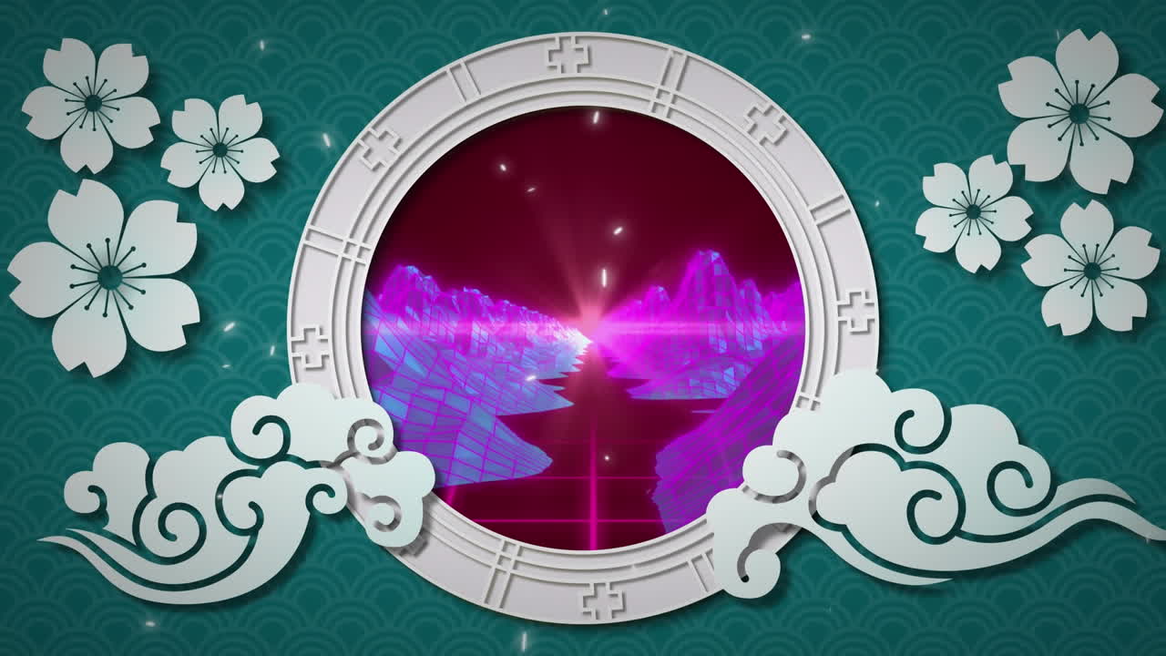 디지털 풍경 위에 파란 꽃의 애니메이션