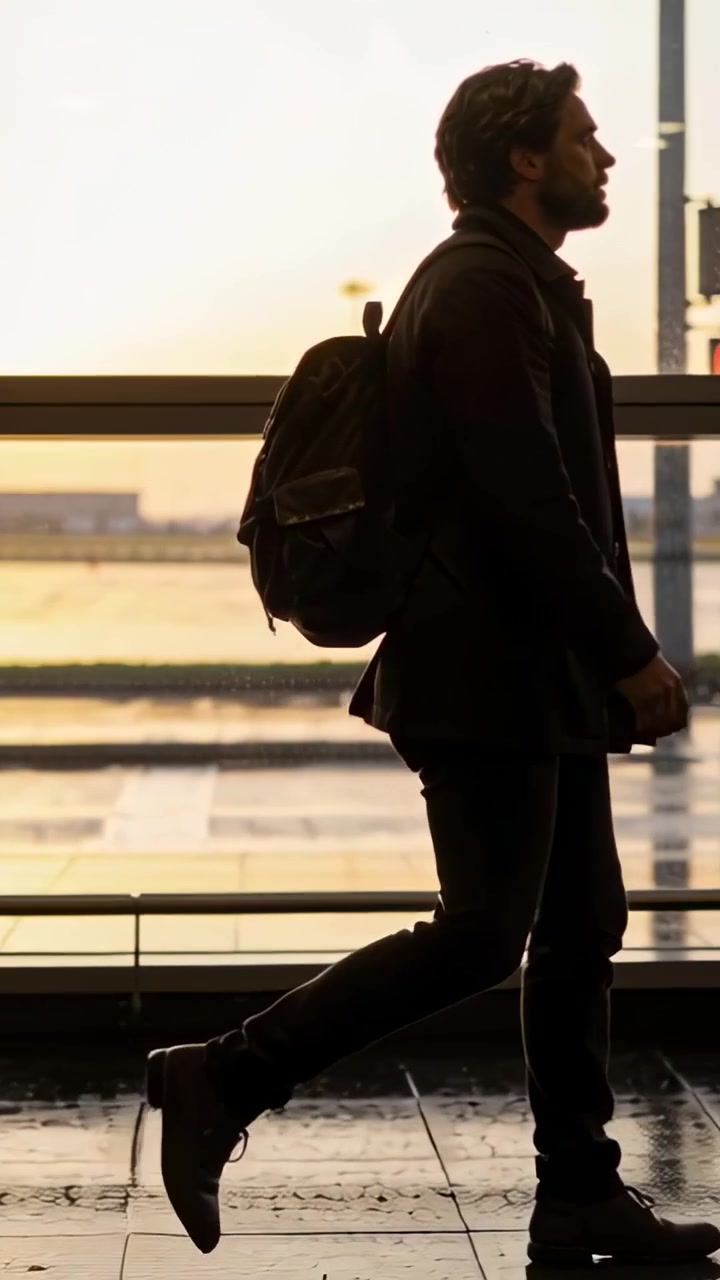 Vídeo vertical: Homem caminhando a meio passo pelo terminal até o portão, carregando mochila e vestindo casaco escuro.