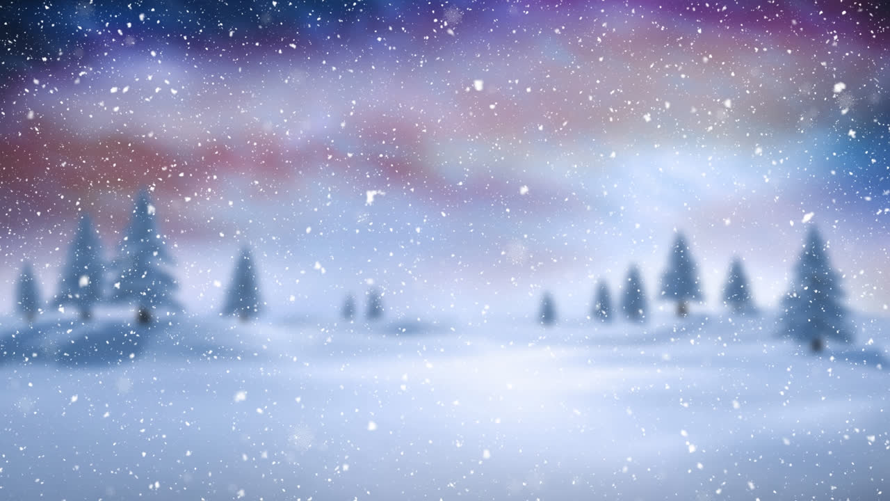 Animation of snow falling over winter landscape and northern lights