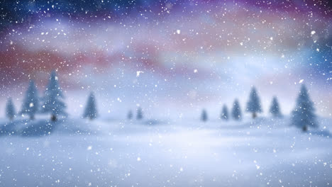 animation of snow falling over winter landscape and northern lights