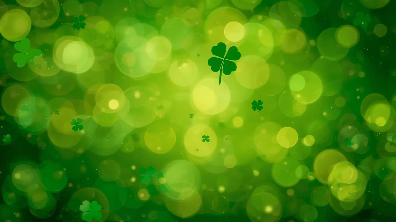 Starting loop, dark-green clovers drifting on green backdrop, bokeh pulsing, creating festive mood