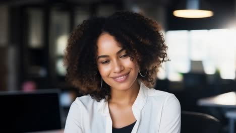 portrait of a smiling young businesswoman with curly hair wearing a white shirt in a modern office environment, exuding confidence and professionalism