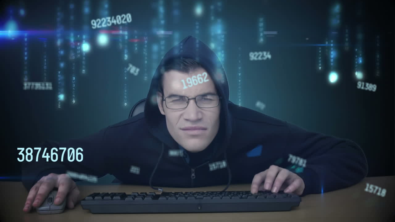 animación de números y procesamiento de datos sobre hacker caucásico usando computadora