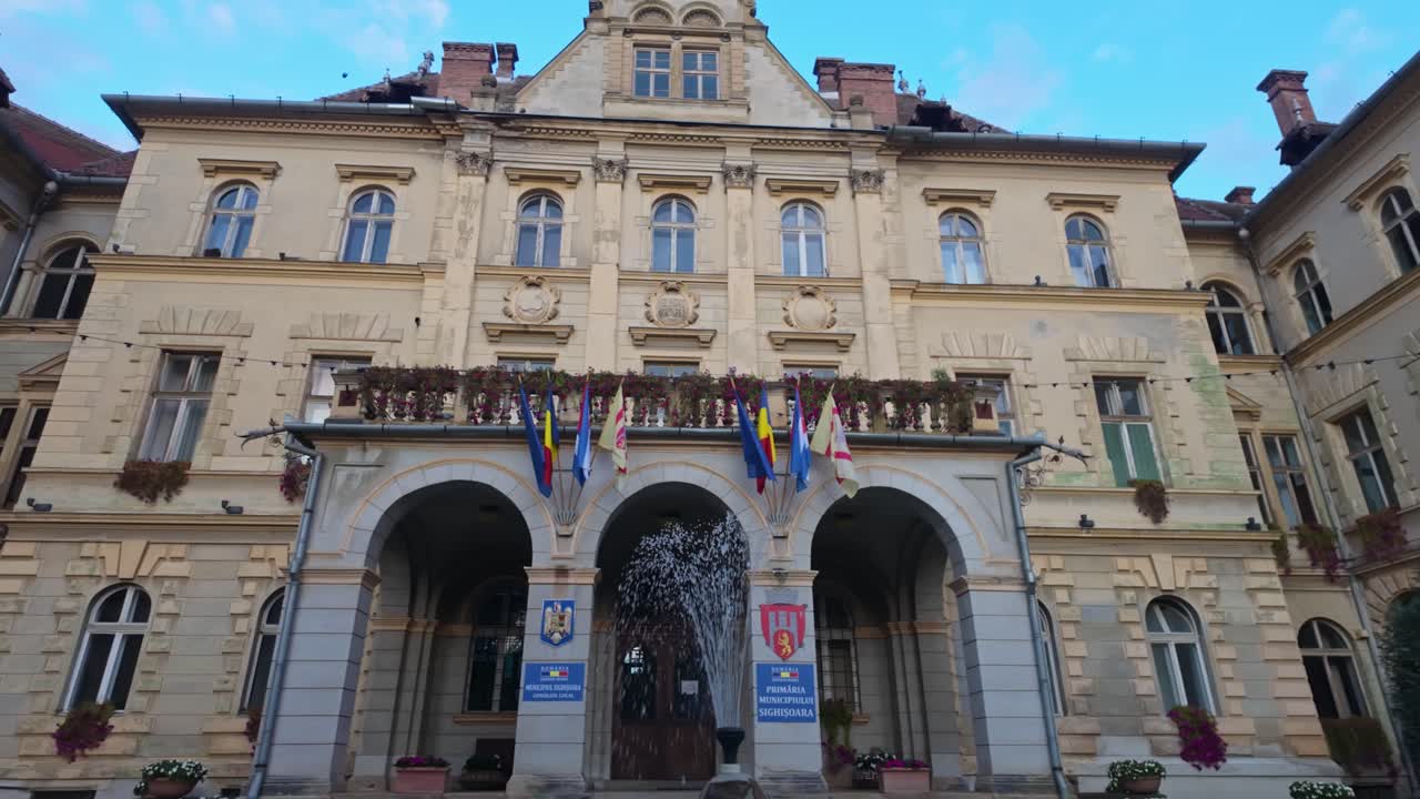 Slide shot from the historical Sighișoara city hall featuring its architectural beauty in Romania