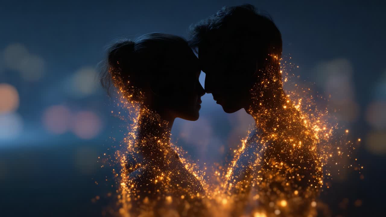 An Enchanting Moment of Connection: Two Silhouetted Figures Radiate Sparkling Energy in a Darkened Background, Capturing the Essence of Love and Affection