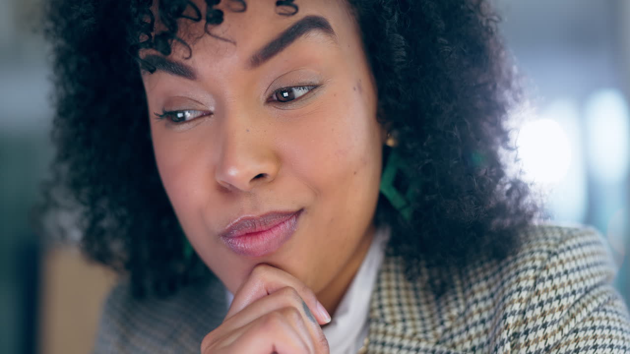 Thinking, eyebrow raise and a woman at work