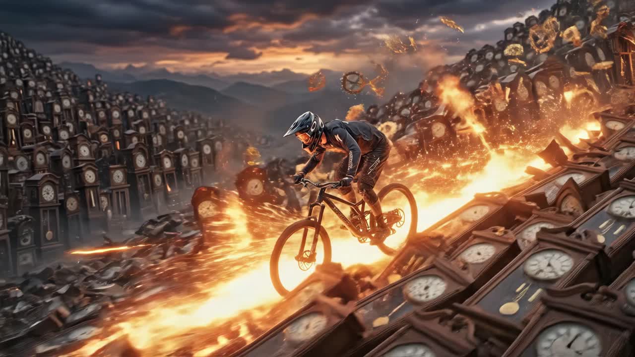 Motociclista che naviga in un paesaggio caotico e infuocato di orologi in frantumi
