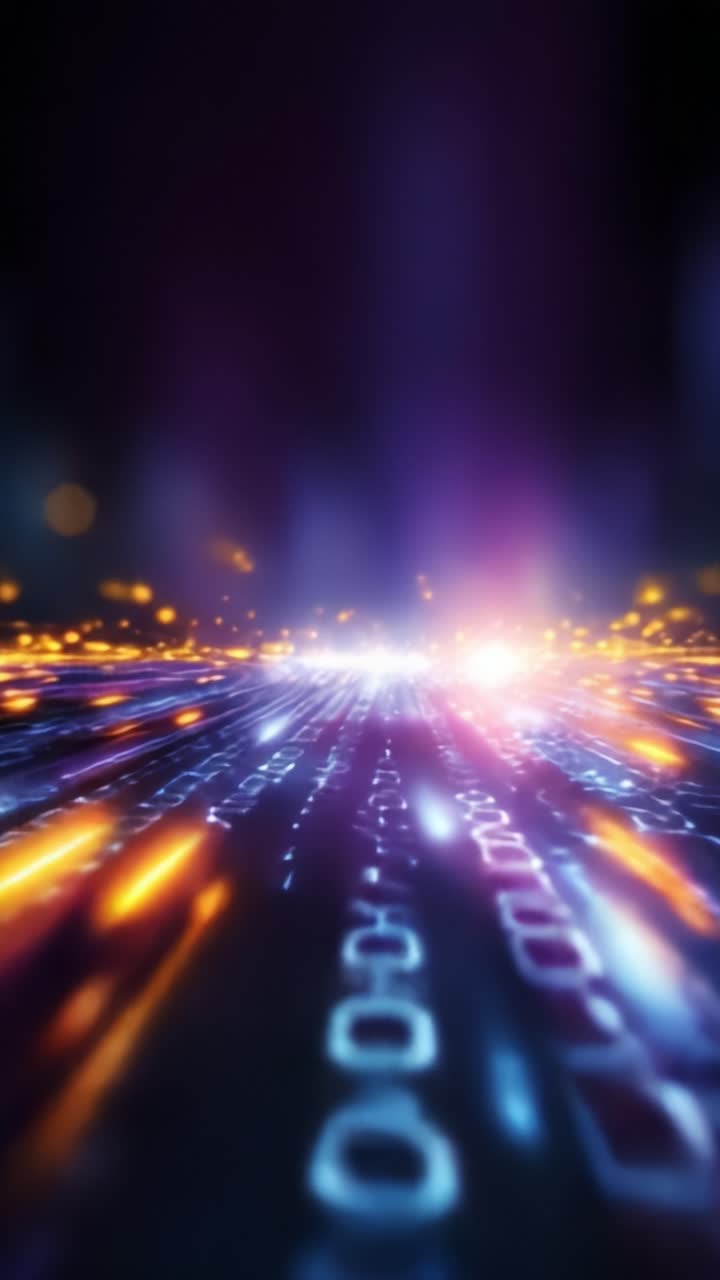 Una prospettiva vivace sulla luce fluente e sul codice digitale, che cattura l'essenza dell'innovazione tecnologica e dell'armonizzazione visiva in movimento e a colori