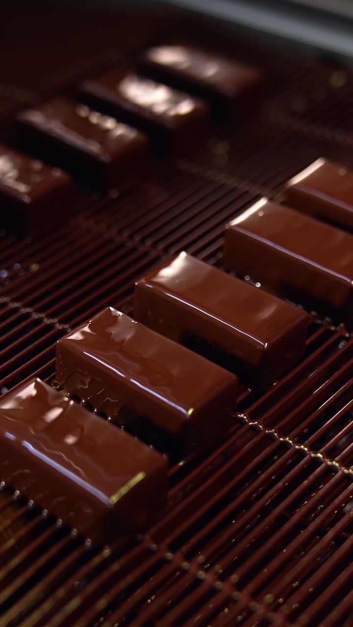Delicious-looking candies freshly covered with black chocolate. Candies move on conveyor belt at the sweets factory. Vertical video