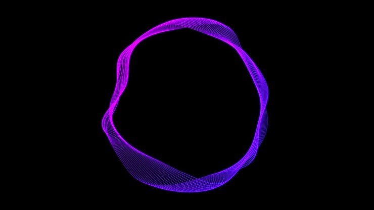 Forma circolare geometrica isolata. Sfondo cinetico astratto. Movimento caotico di linee curve colorate. Effetto onda sonora. Spazio per il testo. Cornice per testo, logo, presentazione prodotto. 4k.