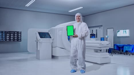full body of asian male scientist smiling and showing green screen tablet while standing with mri machine in the hospital