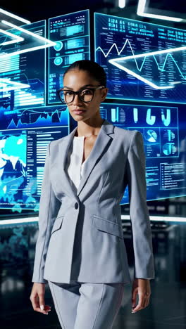 business woman in modern office setting with digital data visualization